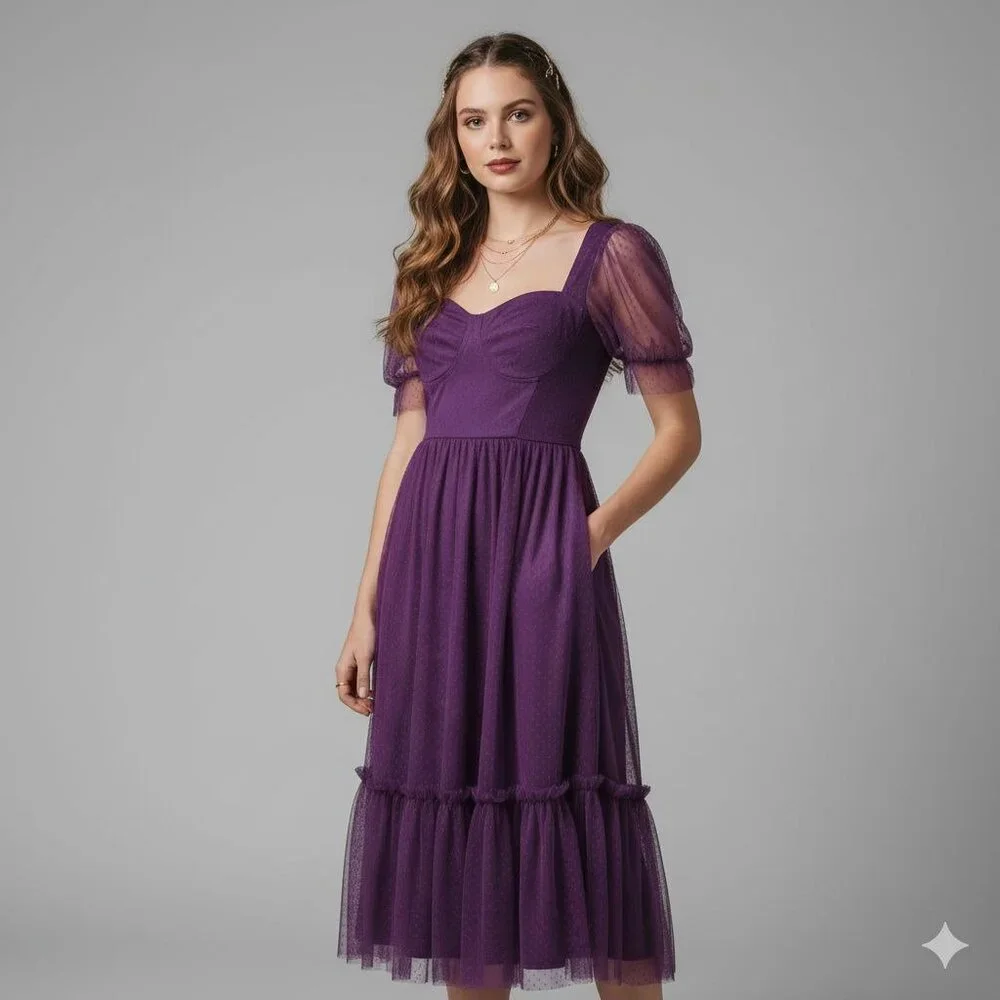 Lulus Whimsy Fairy Wedding Guest Plum Purple Tulle Bustier Midi Dress Small NWT - Picture 1 of 8